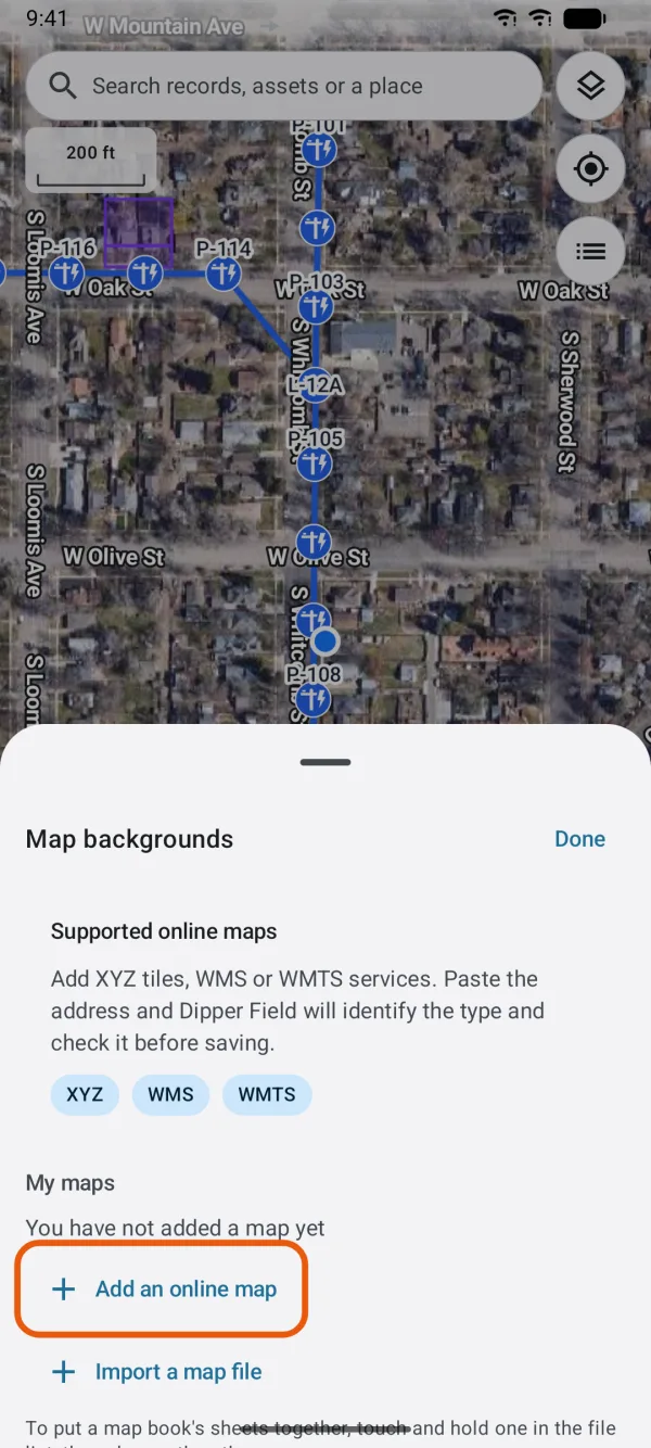 Map backgrounds, with Add an online map marked.