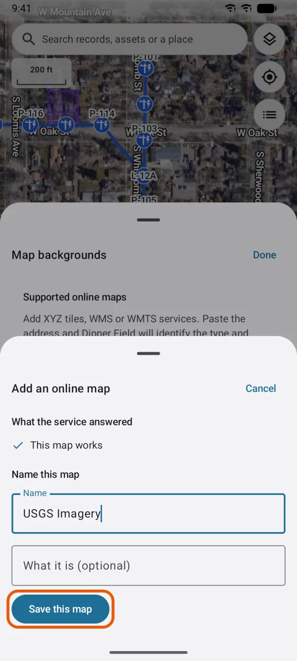 The service's answer, the name, and Save this map.