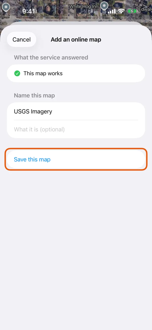 The service's answer, the name, and Save this map.