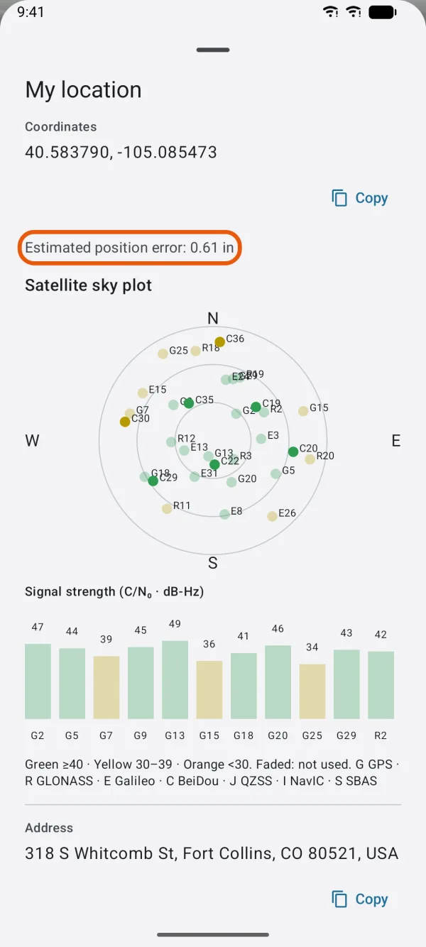 My location, with the estimated position error marked.