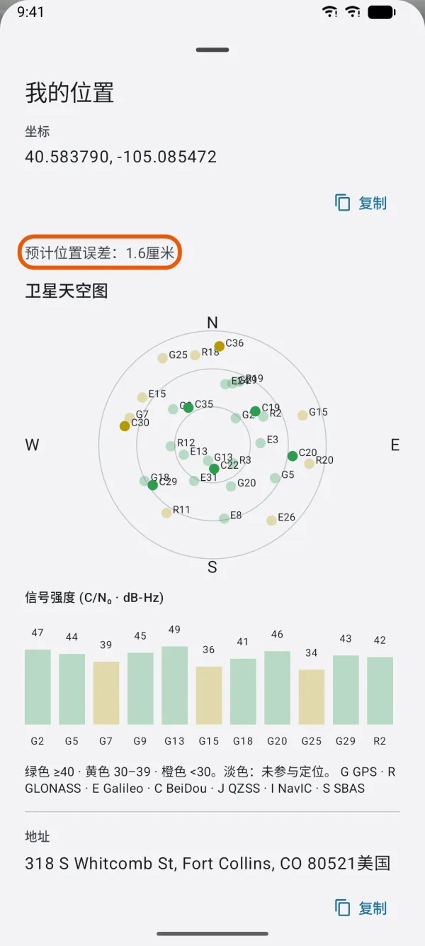 “我的位置”,标出了预计位置误差。