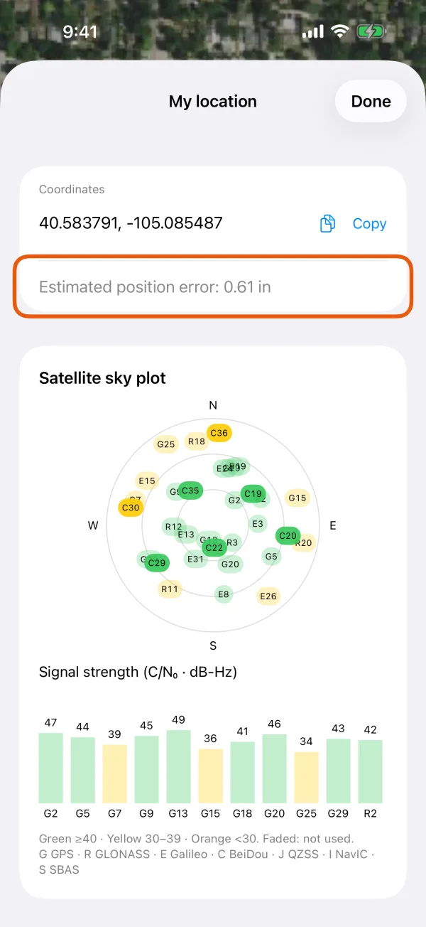 My location, with the estimated position error marked.