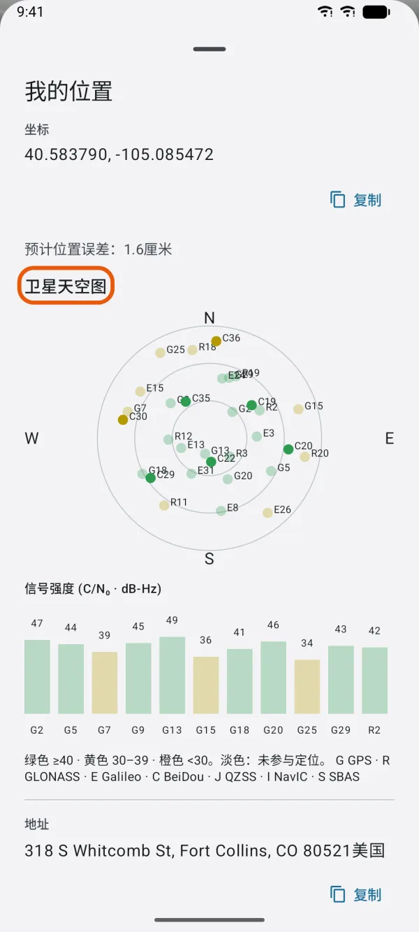 可见卫星及其信号强度。