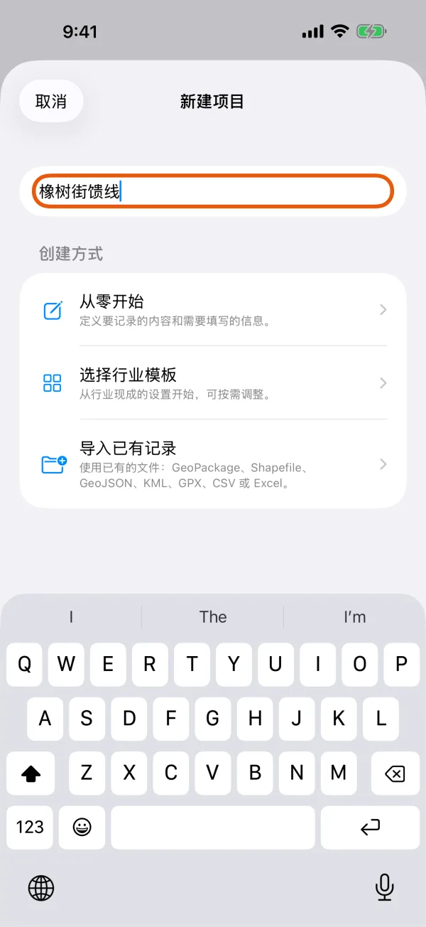已填好项目名称的“新建项目”页。