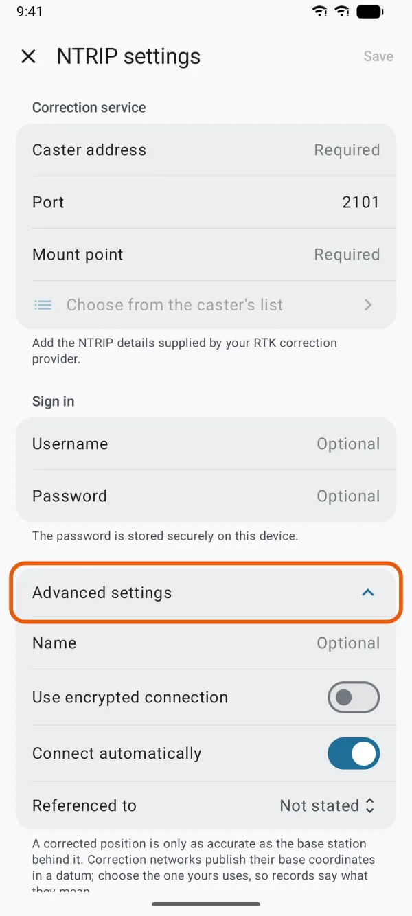 Name, encrypted connection, Connect automatically and Referenced to.