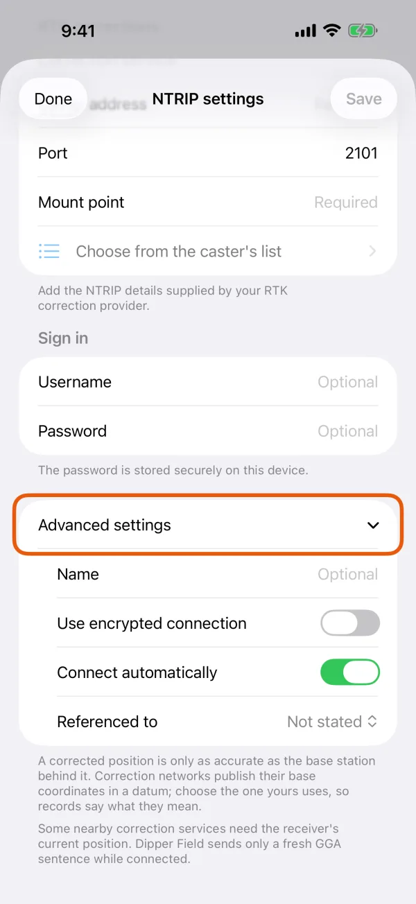 Name, encrypted connection, Connect automatically and Referenced to.