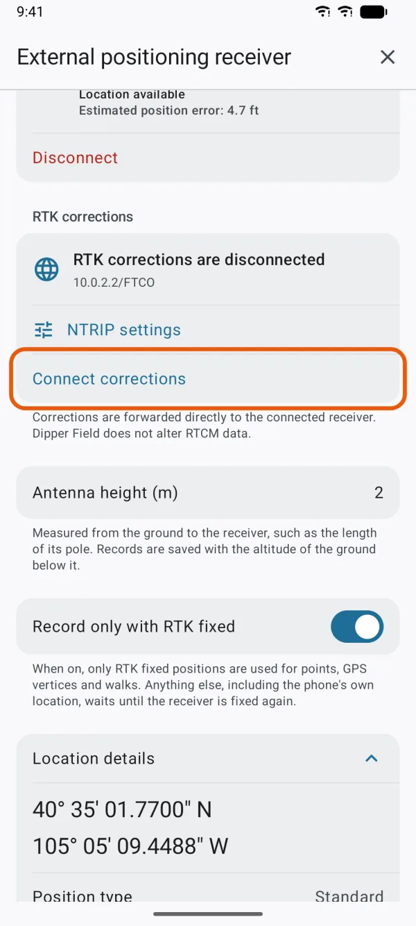 The RTK corrections section after saving.