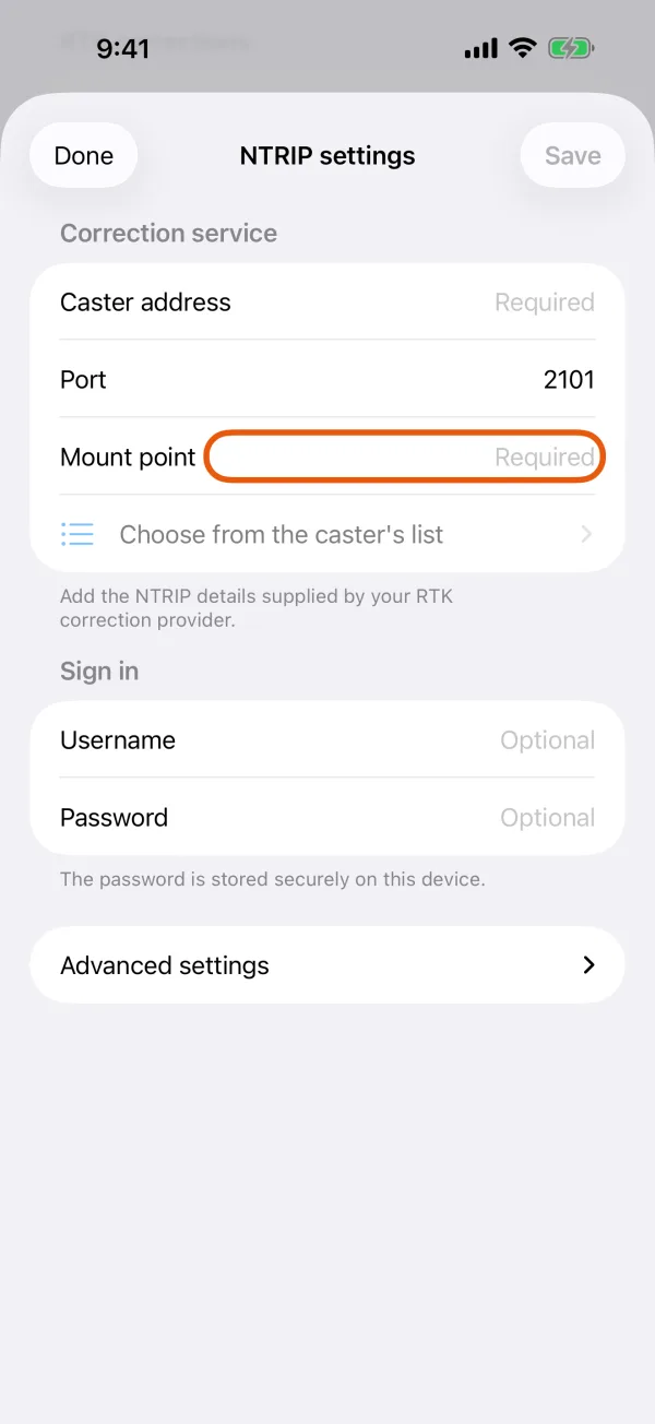 Caster address, port and mount point, with Choose from the caster's list below.