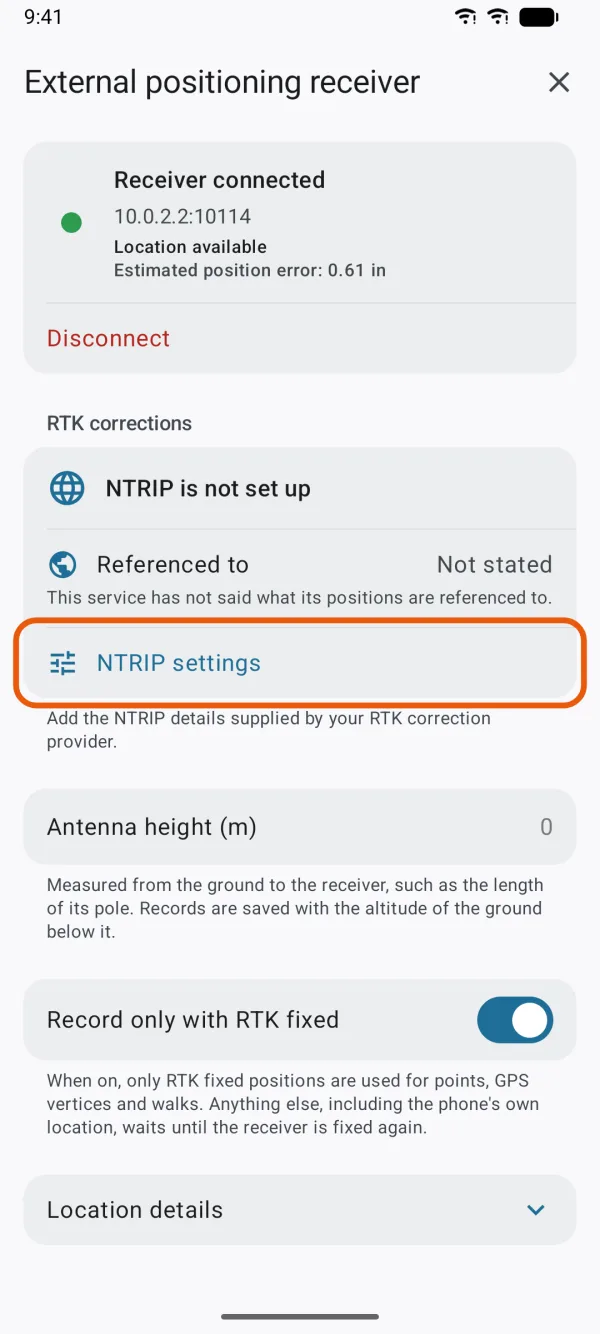 The receiver screen, with NTRIP Settings marked under RTK corrections.