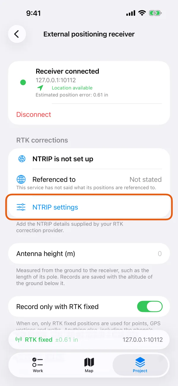 The receiver screen, with NTRIP Settings marked under RTK corrections.