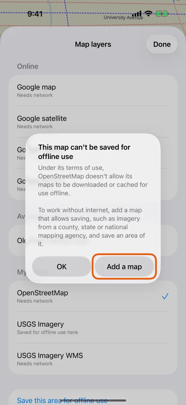 The message naming the provider, with Add a map and OK.