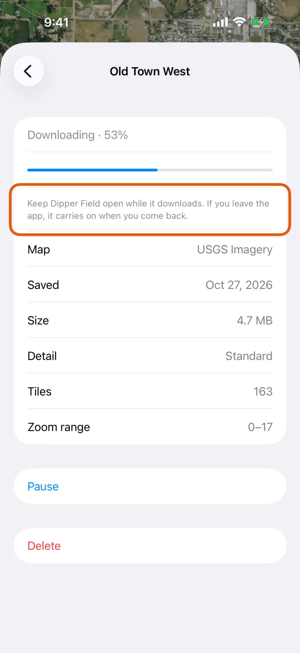 An area's page while it downloads.