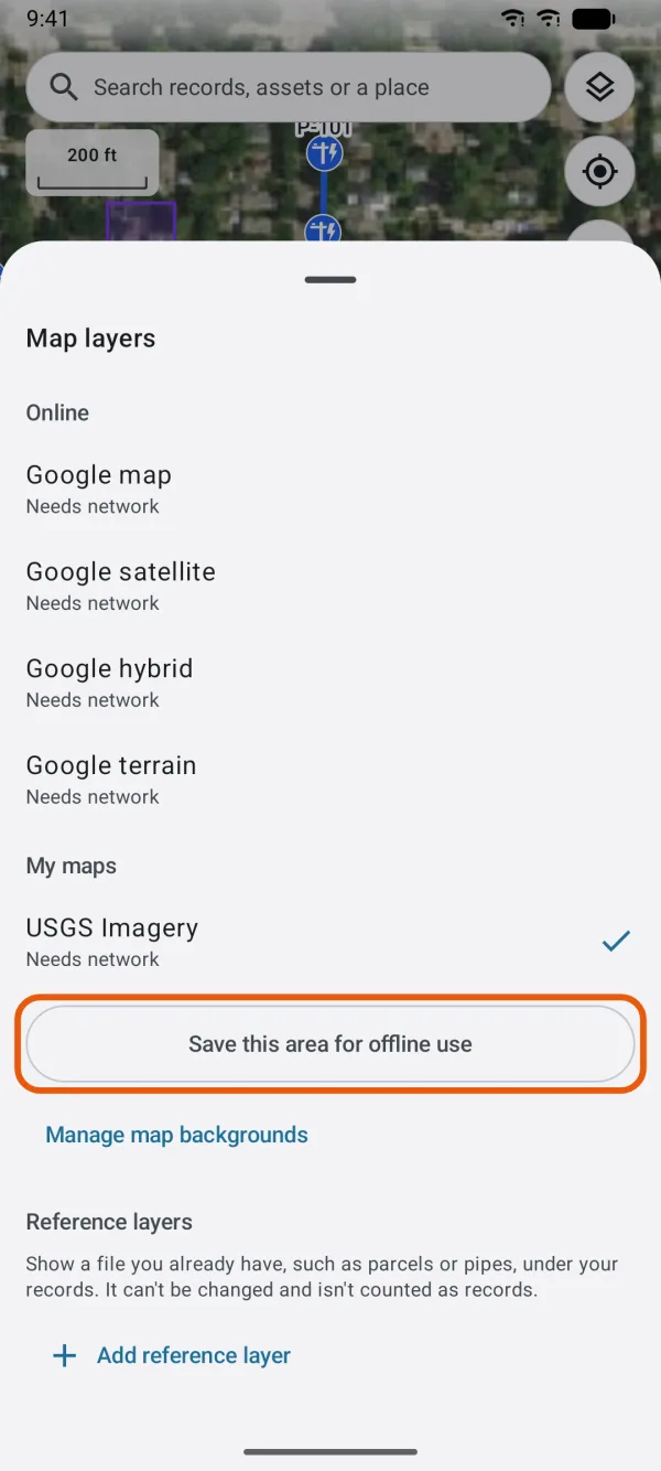 Map layers, with Save this area for offline use marked.