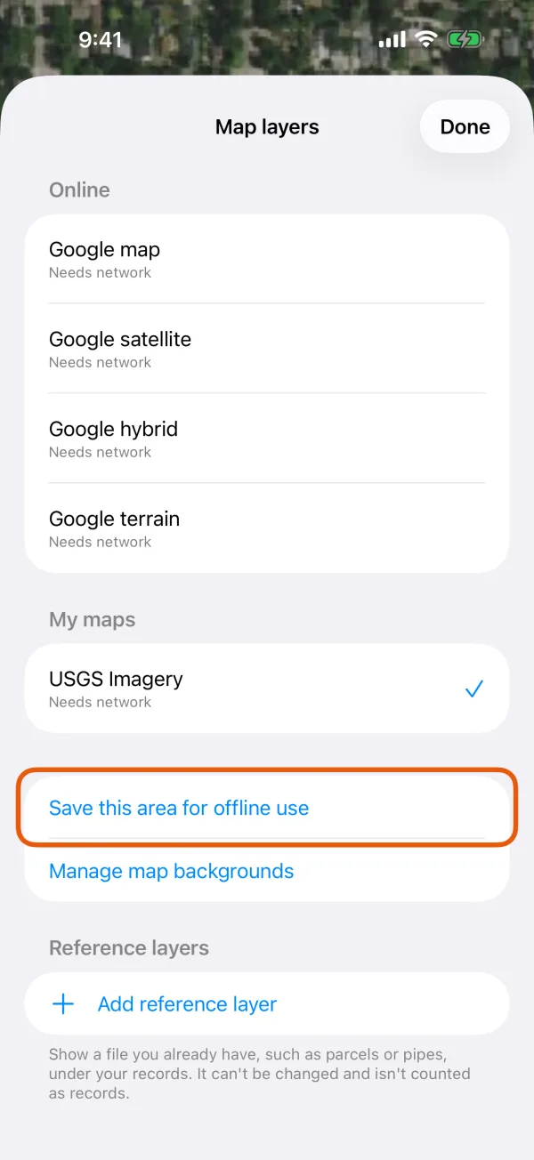 Map layers, with Save this area for offline use marked.