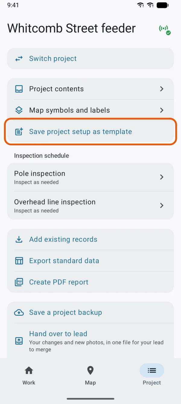 The Project tab, with Save project setup as template marked.