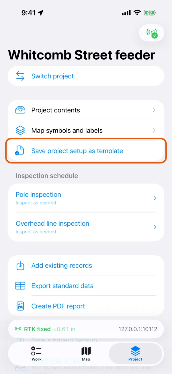 The Project tab, with Save project setup as template marked.