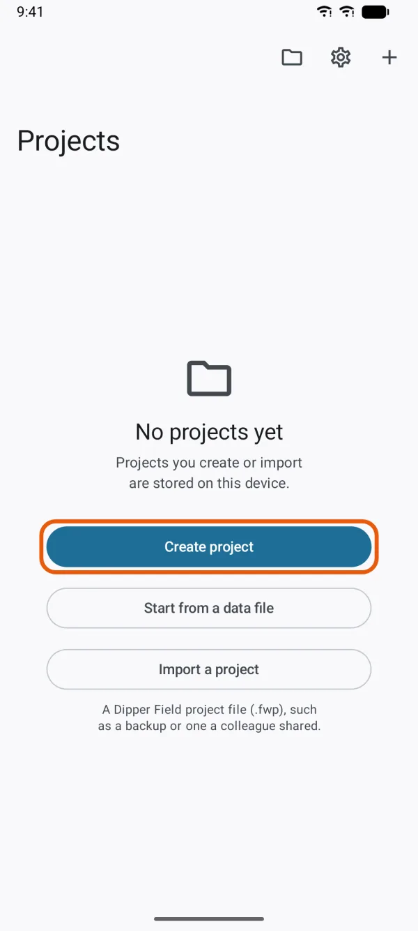 The Projects screen before your first project.