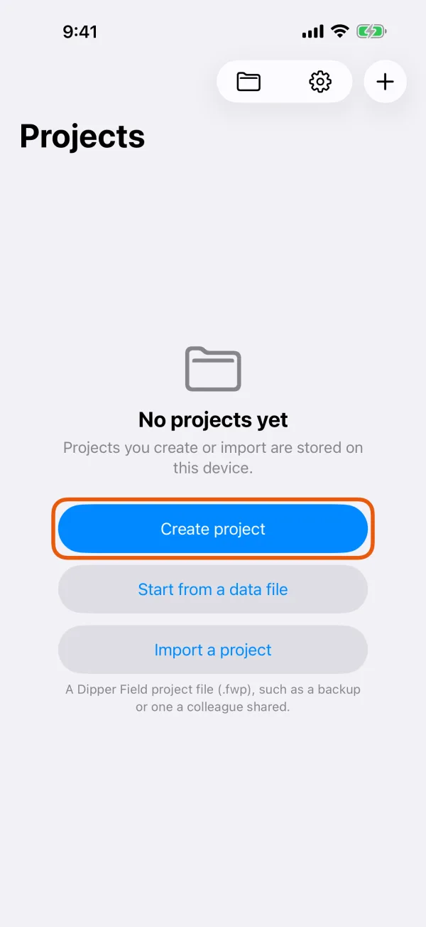 The Projects screen before your first project.