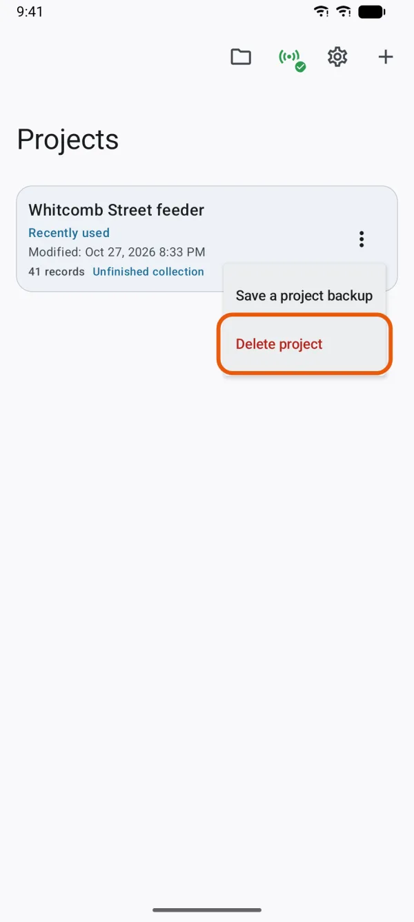 The Projects screen, with a project's menu open on Delete project.