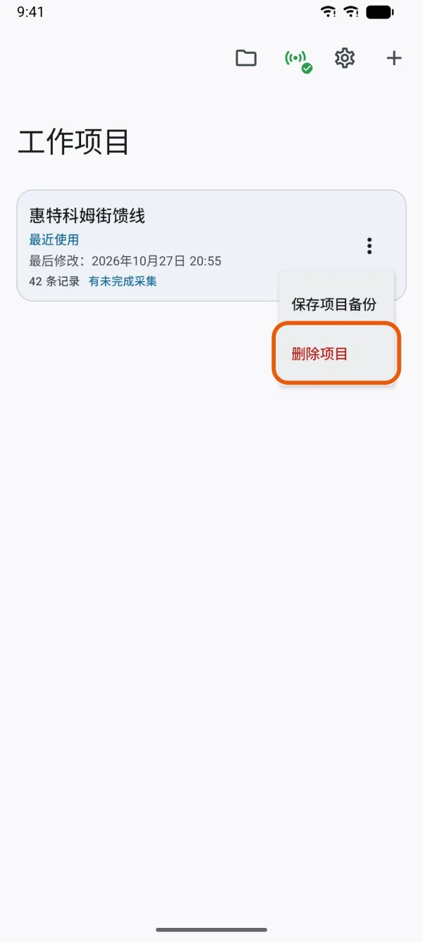 “工作项目”页,项目菜单中显示“删除项目”。
