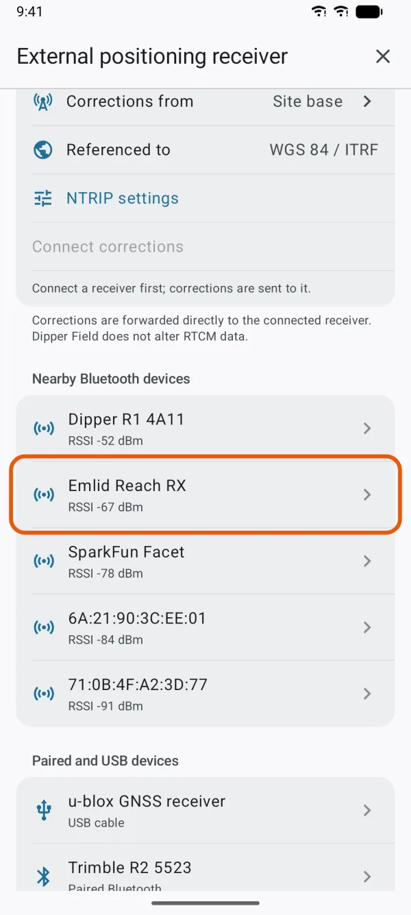 Bluetooth, paired and USB receivers in one list.