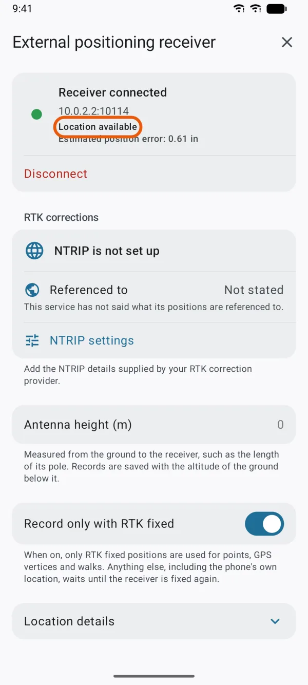 Connected, with the estimated position error.