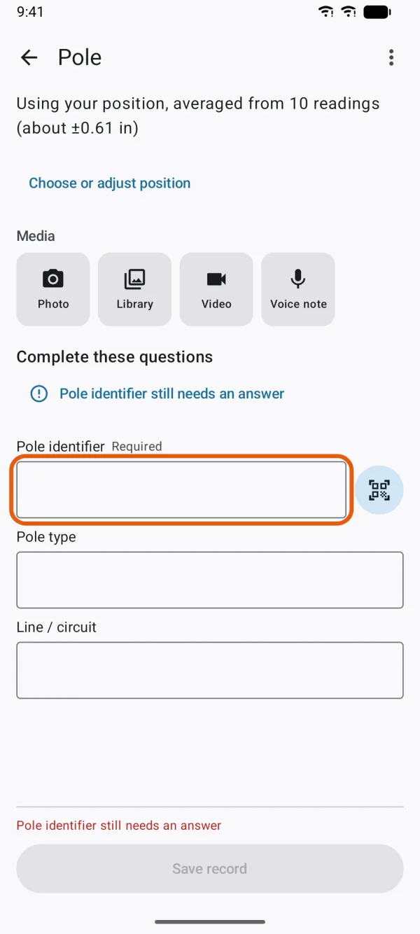 The record's form, with a required field.