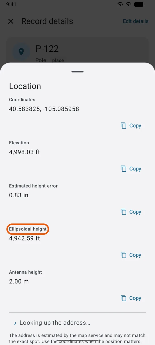 A measured point's Elevation, Estimated height error, Ellipsoidal height and Antenna height.