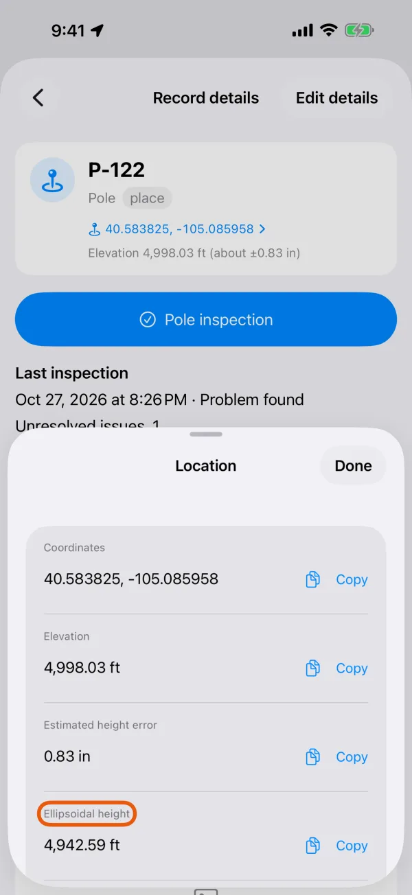 A measured point's Elevation, Estimated height error, Ellipsoidal height and Antenna height.