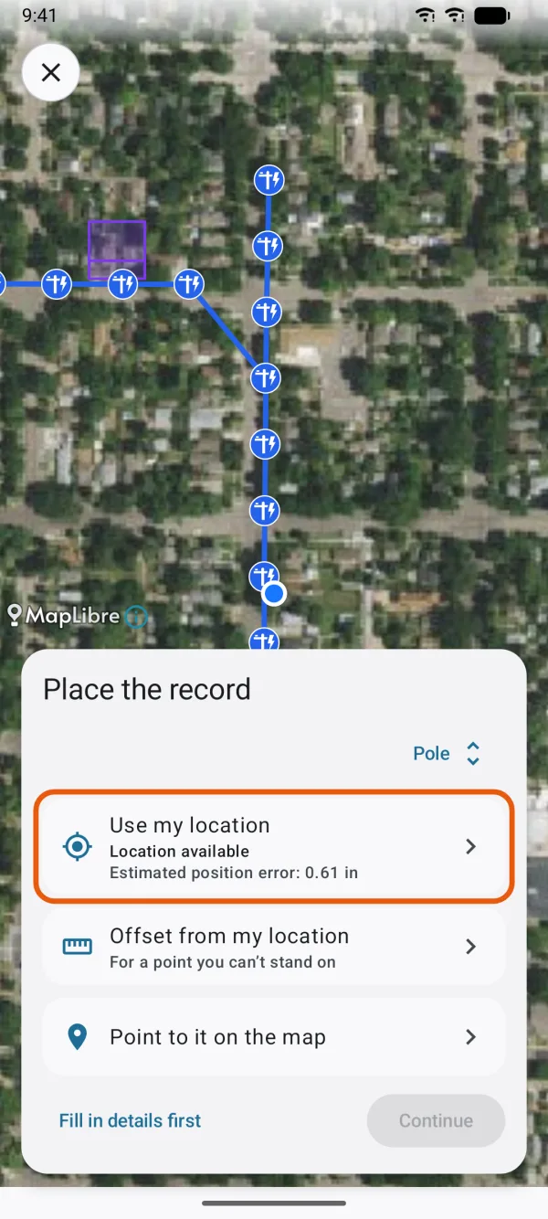 Place the record, with Use my location and Point to it on the map.