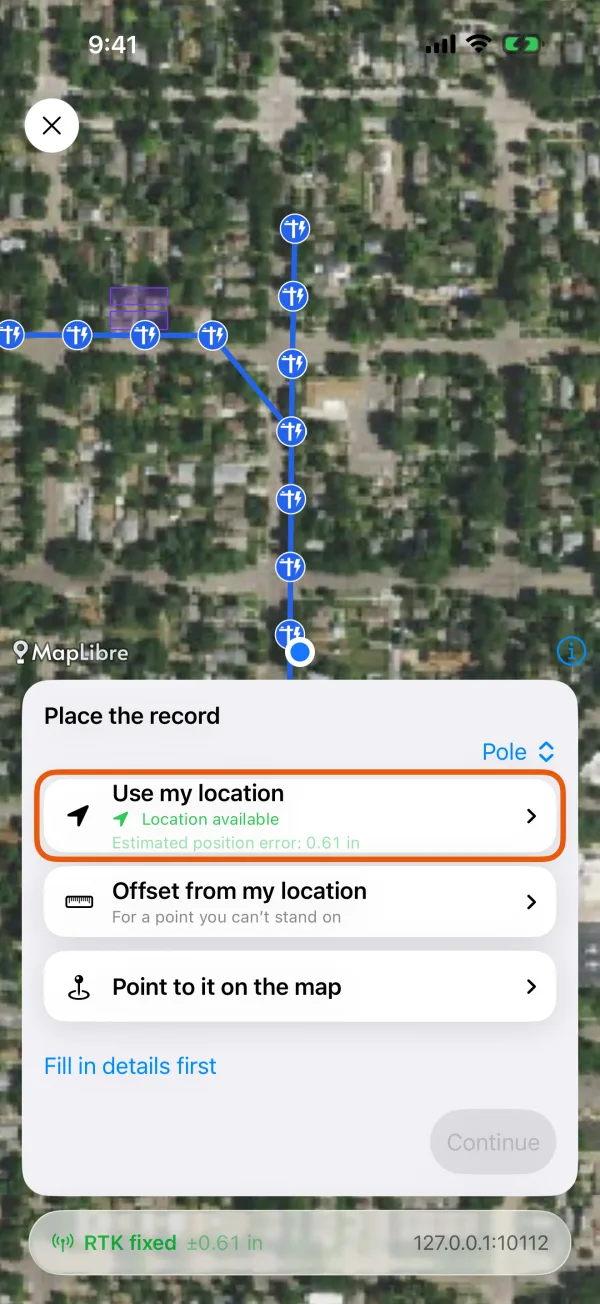 Place the record, with Use my location and Point to it on the map.