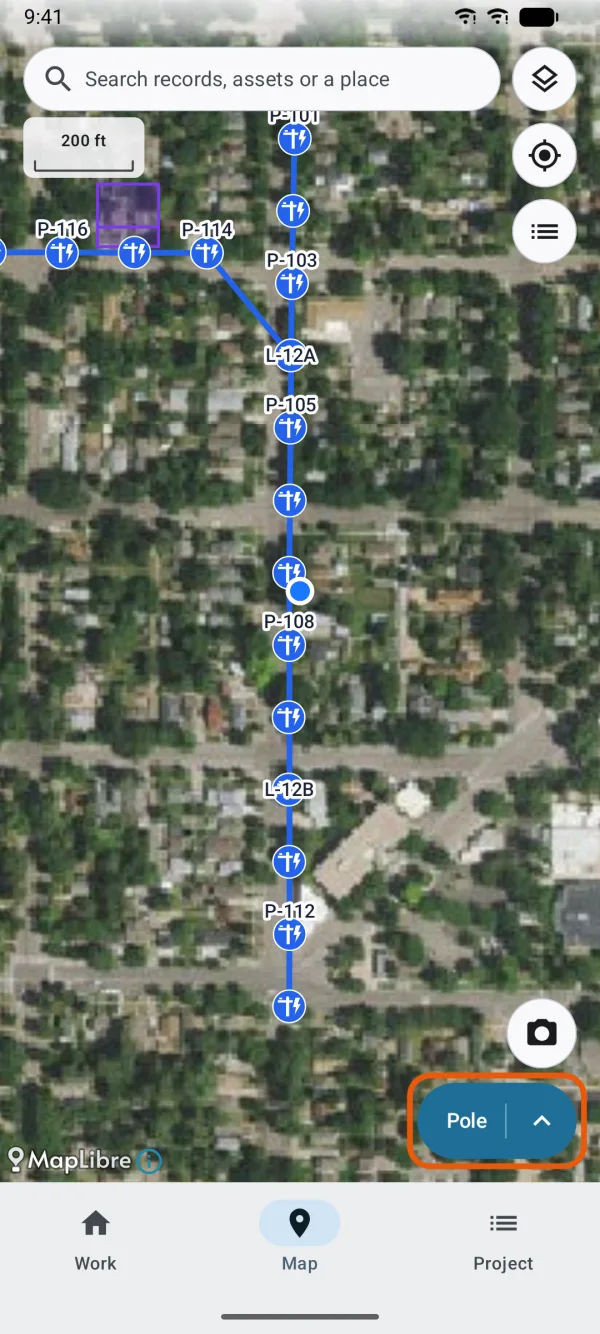 The record button at the bottom right of the map.