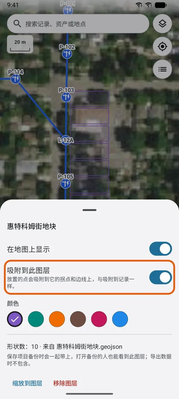 “在地图上显示”、“吸附到此图层”、“颜色”和图层信息。