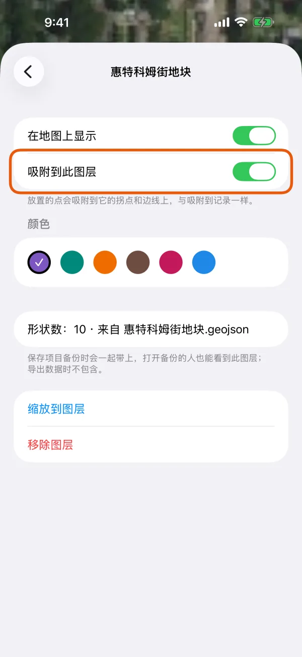 “在地图上显示”、“吸附到此图层”、“颜色”和图层信息。