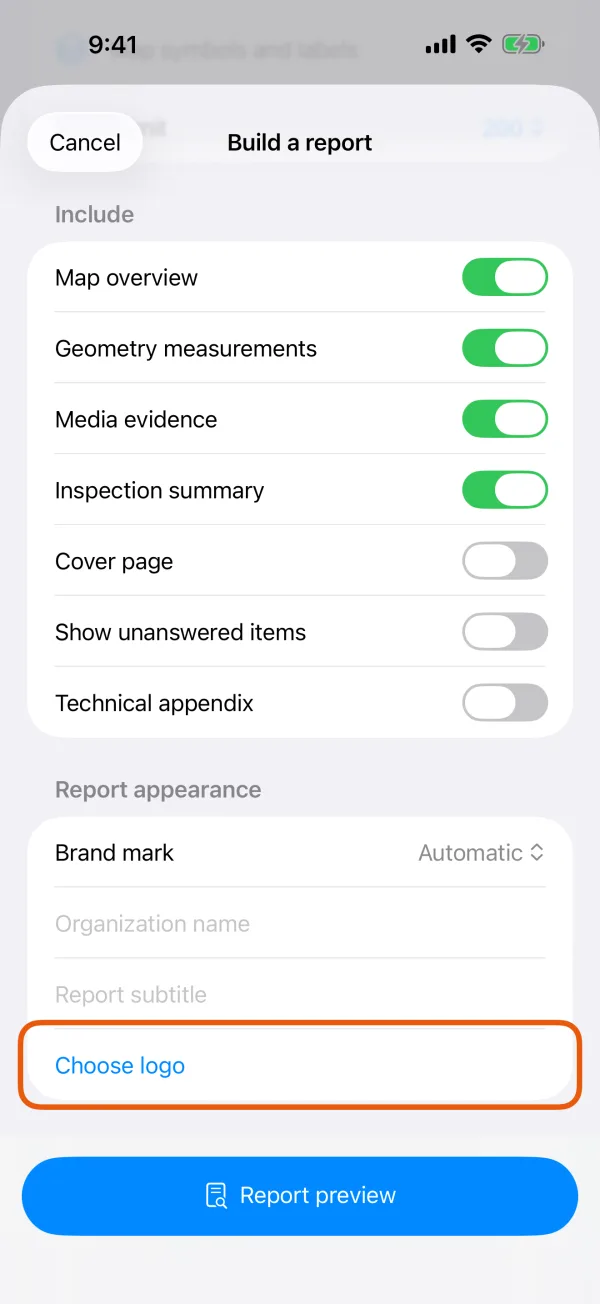 Brand mark, Organization name, Report subtitle and Choose logo.