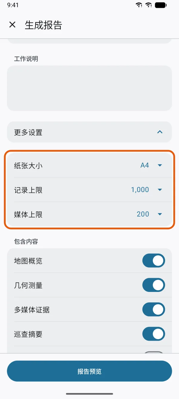 纸张大小、记录上限和媒体上限。