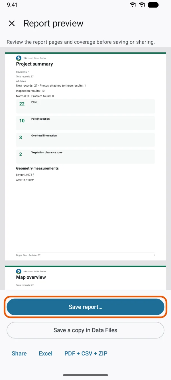 The finished report with its save and share buttons.