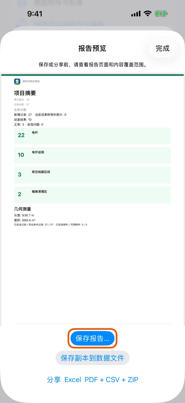 生成好的报告，以及保存和分享按钮。