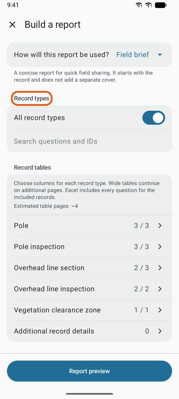 Record types, the date range and work notes.