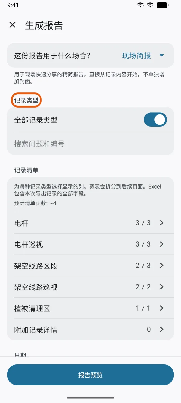 记录类型、日期范围和工作说明。