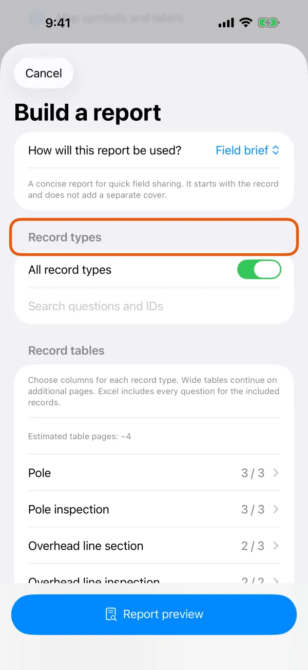 Record types, the date range and work notes.