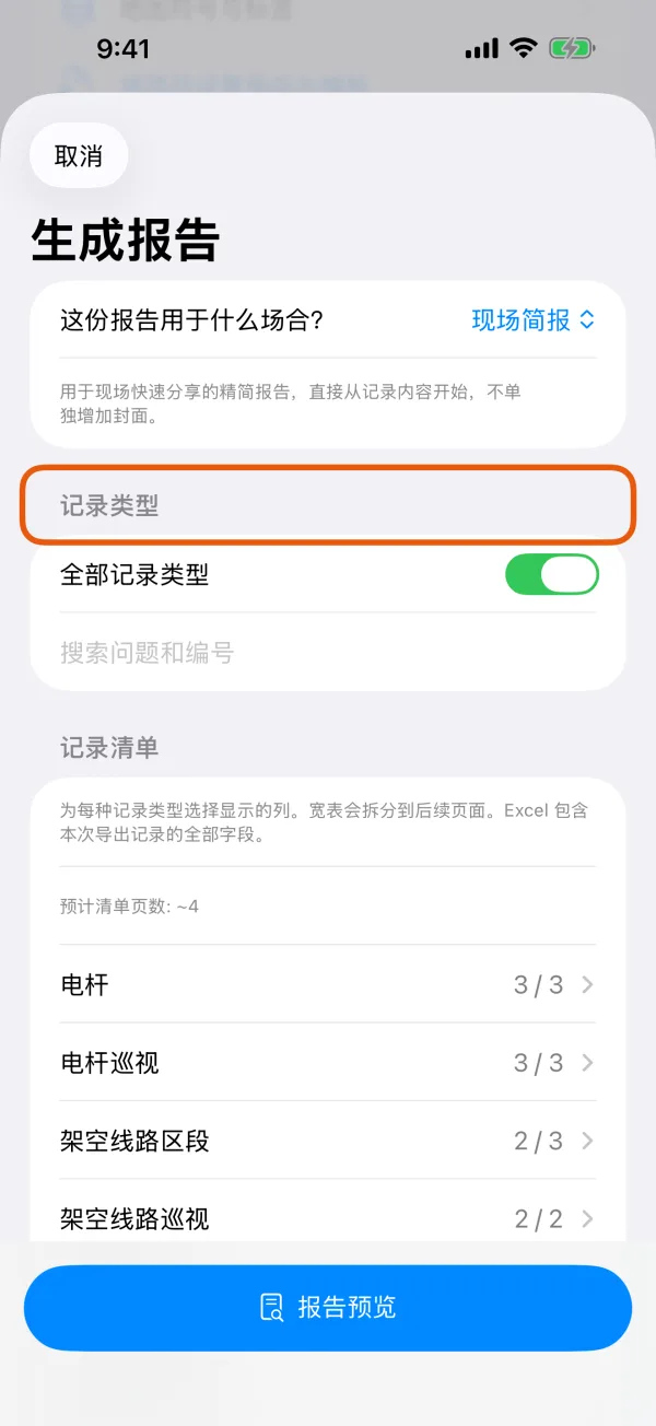 记录类型、日期范围和工作说明。