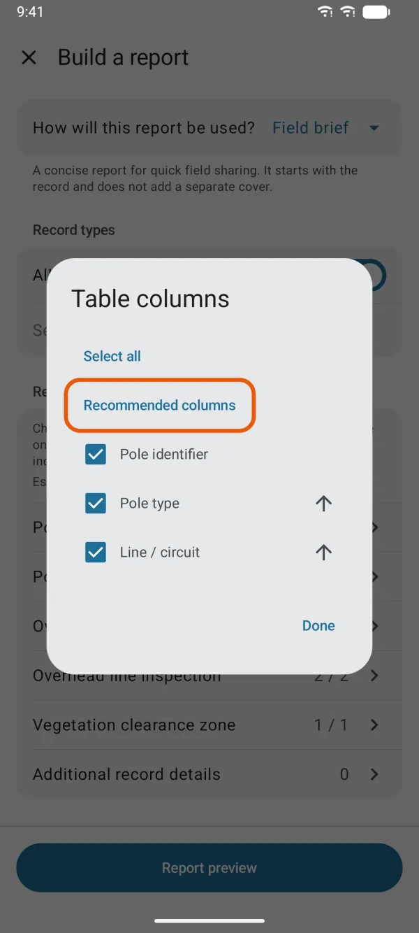 The columns printed for one record type.