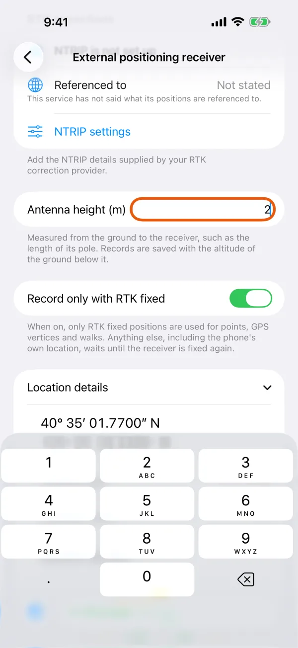 Antenna height, entered in meters.