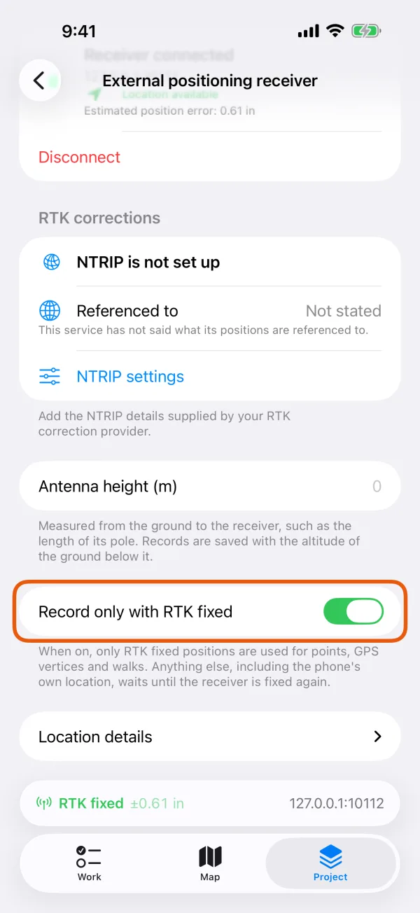 The Record only with RTK fixed switch, on.