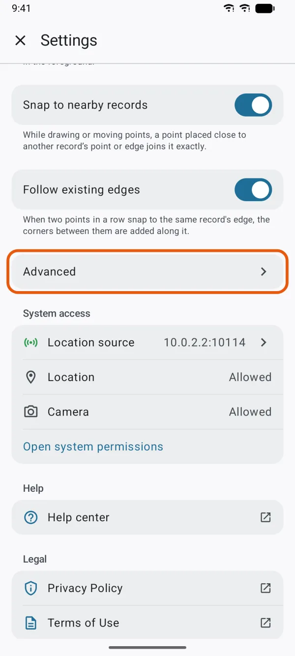 Settings, with Advanced marked.