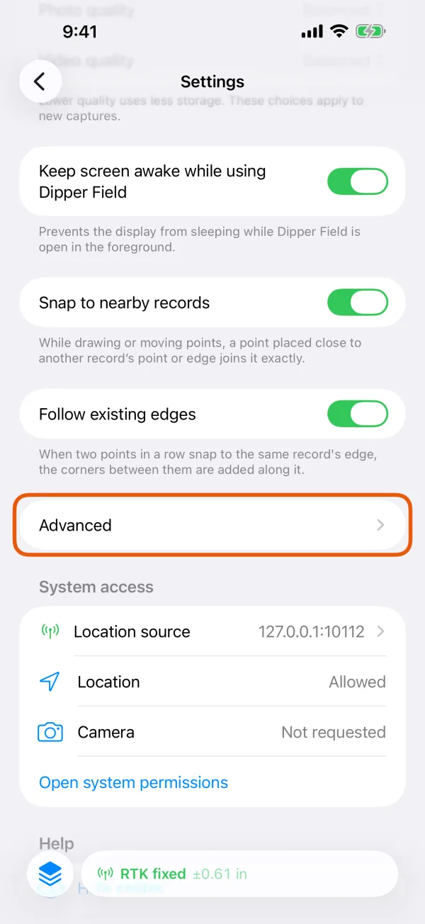 Settings, with Advanced marked.