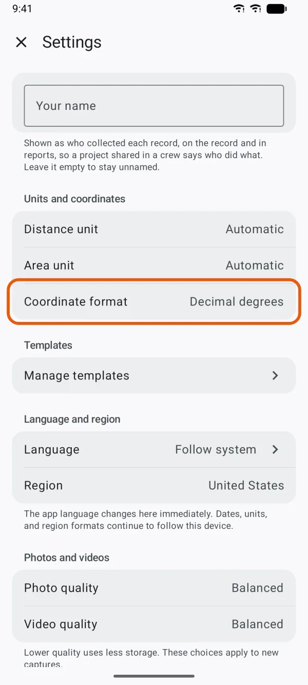 Coordinate format under Units and coordinates, below the units.