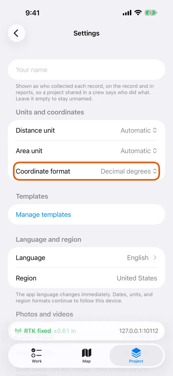 Coordinate format under Units and coordinates, below the units.