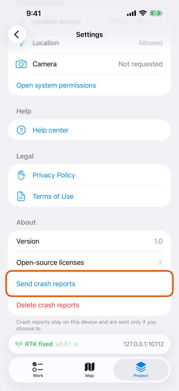 About, with Send crash reports and Delete crash reports.